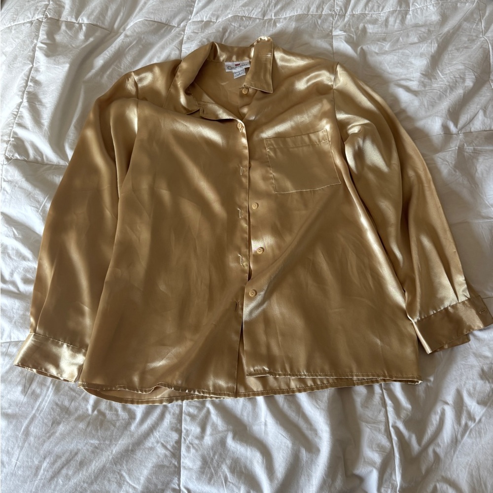 Vintage 90s Gold Satin Button Down Blouse - CC Courtenay Large
